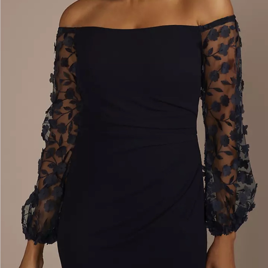 David's Bridal Navy Off-Shoulder Dress With Sheer Floral Sleeves